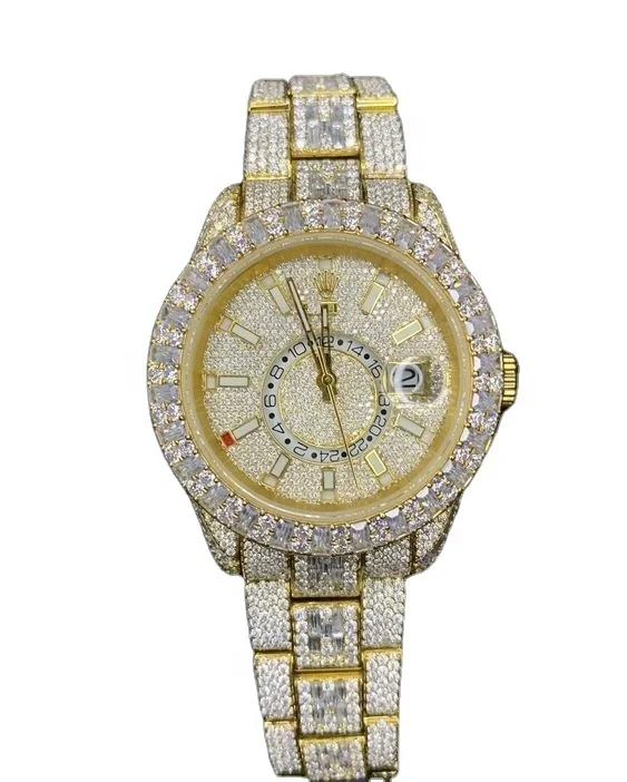 Luxury Unisex Stainless Steel ETA Watch Bling Iced-out Moissanite Watches Gold Wristwatch Analog Super Clone Quartz Fashion