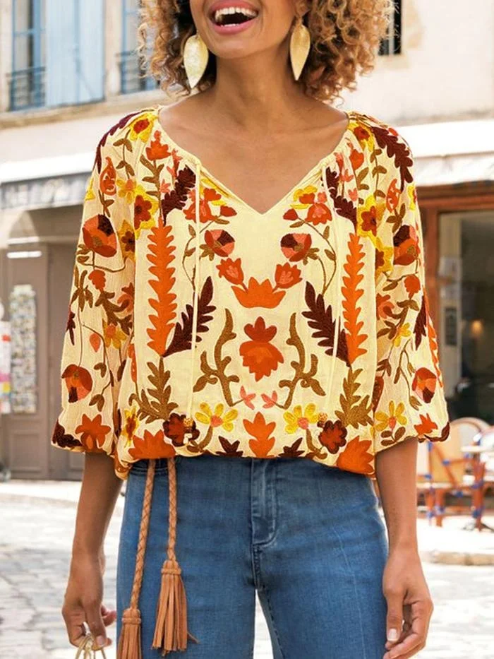 Made With Love Spring Elegant Summer Vintage Style Aari Embroidered Bodice Bohemian Collection Tasseled Tie Neck Women Blouse