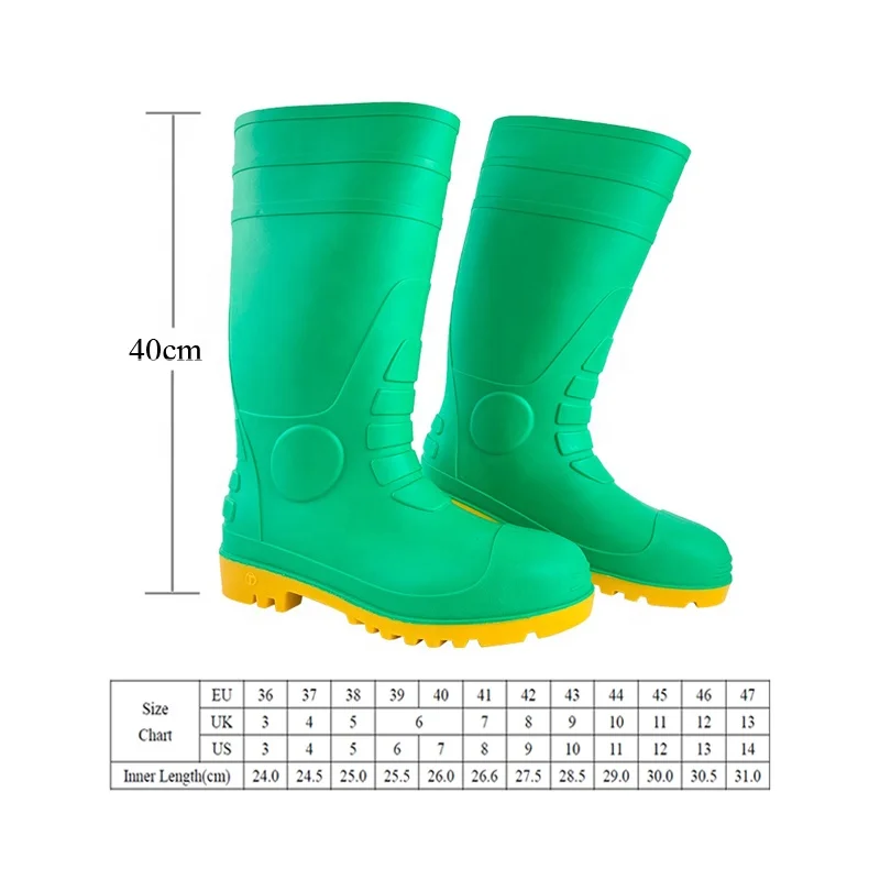 2024 America Style Safety Shoes Botas De Lluvia Chemical Industry Impact Proof Anti-Acid Steel Toe Midsole Green PVC Water Boots