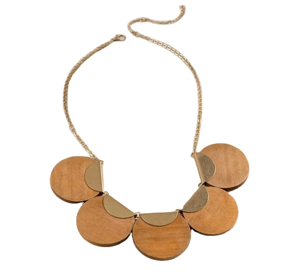 New Arrival Factory Price Wood Statement Necklace Women  Gold Antique Wooden Chunky Choker Fashion Jewelry