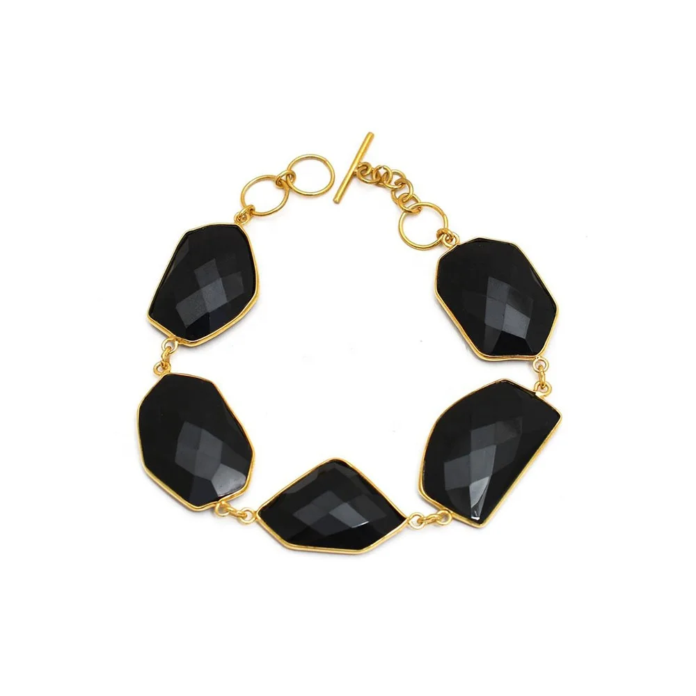 Trendy Fashion Women Gold Plated Solid 925 Sterling Silver Jewelry Natural Black Onyx Gemstone Chain Bracelet From Manufacturer