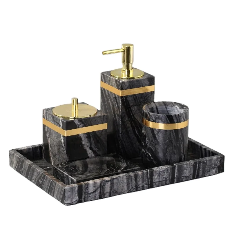 High quality marble bathroom set gold brass design for Home Hotel Decorative Modern Design Marble Bathroom Accessories Set