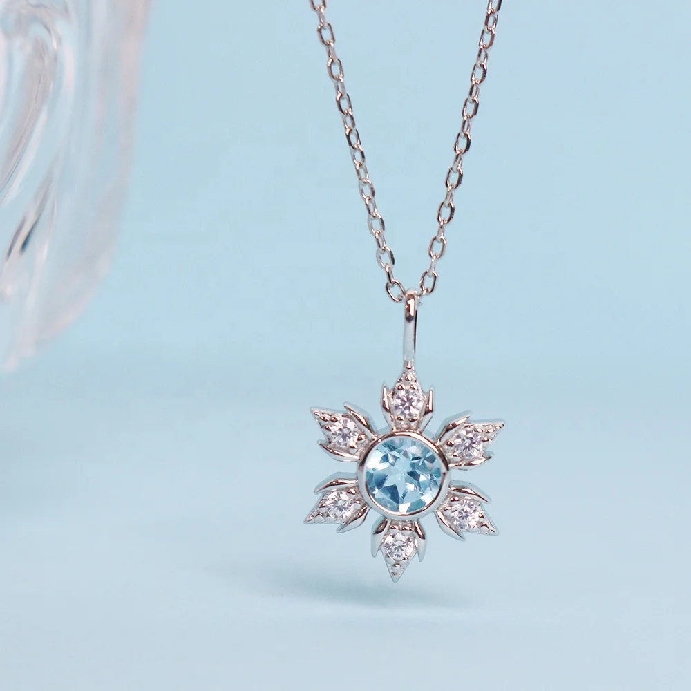 925 Silver Natural Gem Stone Blue Topaz Snowflake Pendant Necklace Women Jewelry Christmas Gifts 2022 Destiny Jewellery