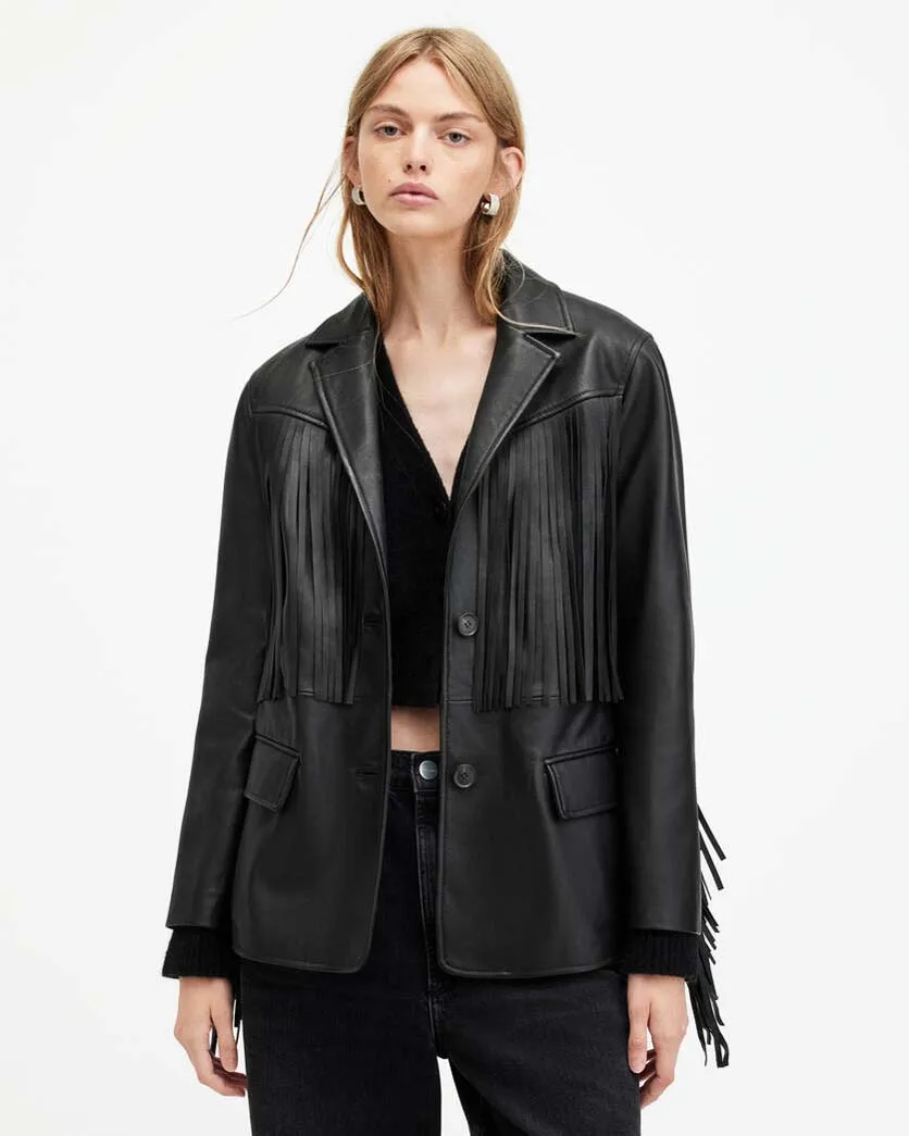 Women Tassels Real Leather Jacket 100% Genuine Lambskin Soft Black Leather Jackets Ladies Fashion France Pairs Designs