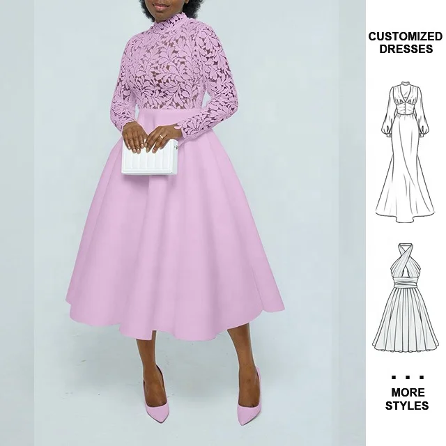 Custom Summer Lady Elegant Plus Size Long Lace Evening Elegant Casual 4/3 Sleeve Church Dresses Midi Dress For Women 2024