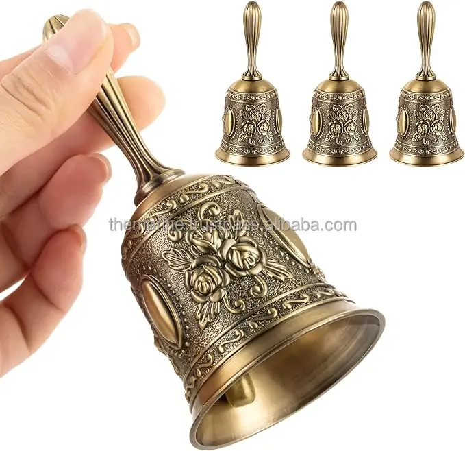 Wholesale 4.5 Inch Large Brass Bell Antique 3-Pack Loud Ringing Hand Calling Bells Indoor Outdoor Gifts Crafts Souvenirs