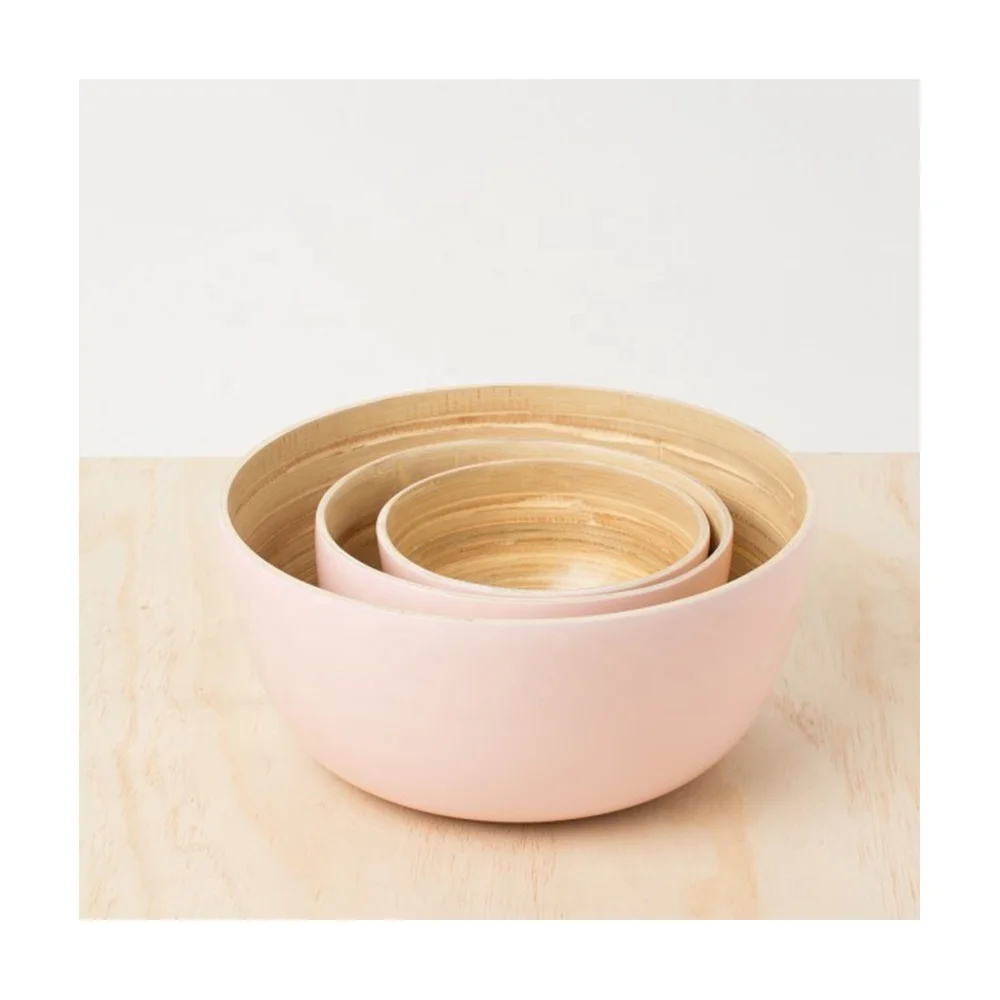 LACQUER BAMBOO BOWLS IN PASTEL PINK (SET OF 3) MADE IN VIETNAM FACTORY