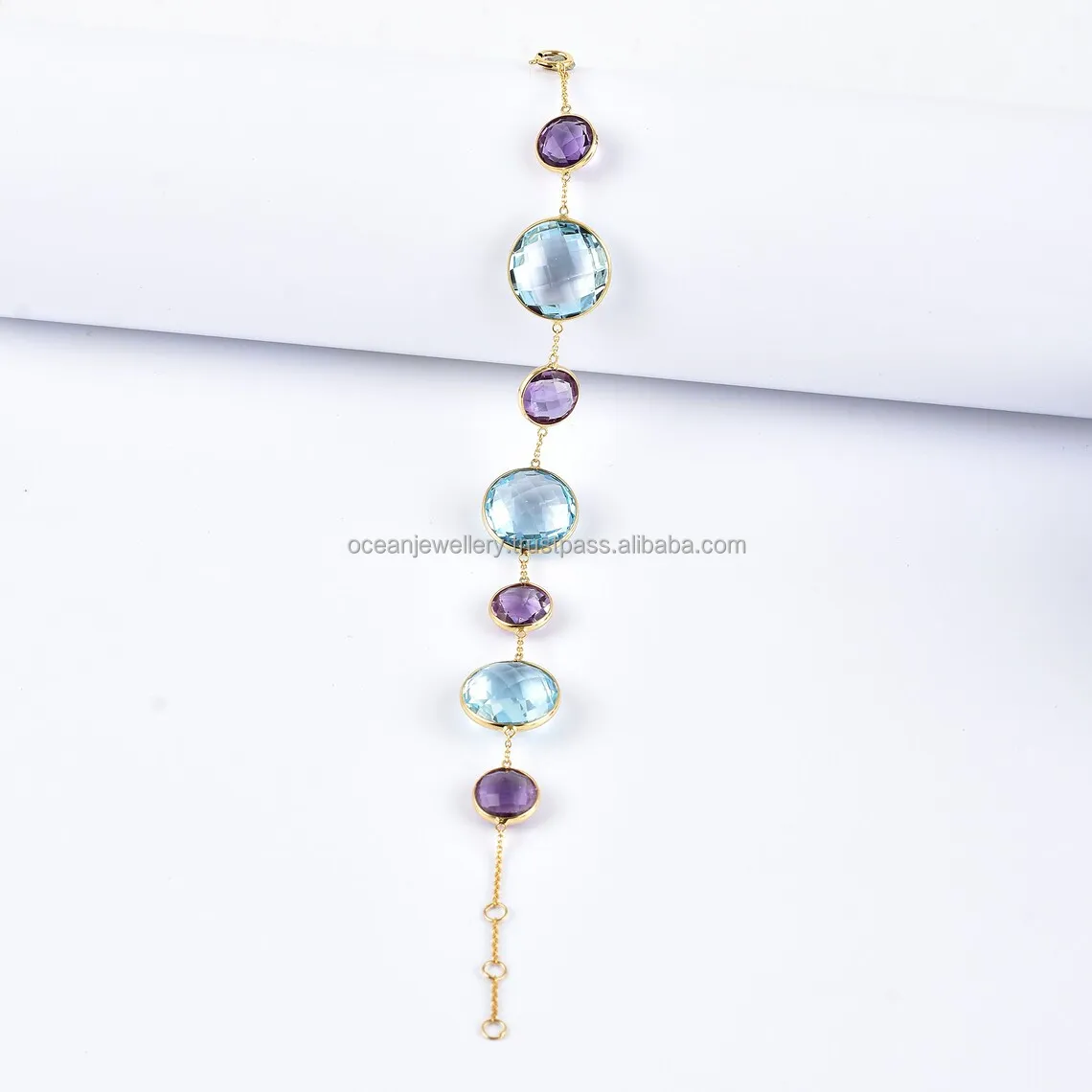 18k Solid Yellow Gold Round  Natural Amethyst And Blue Topaz Bracelet Gemstone Chain Charm Bracelet