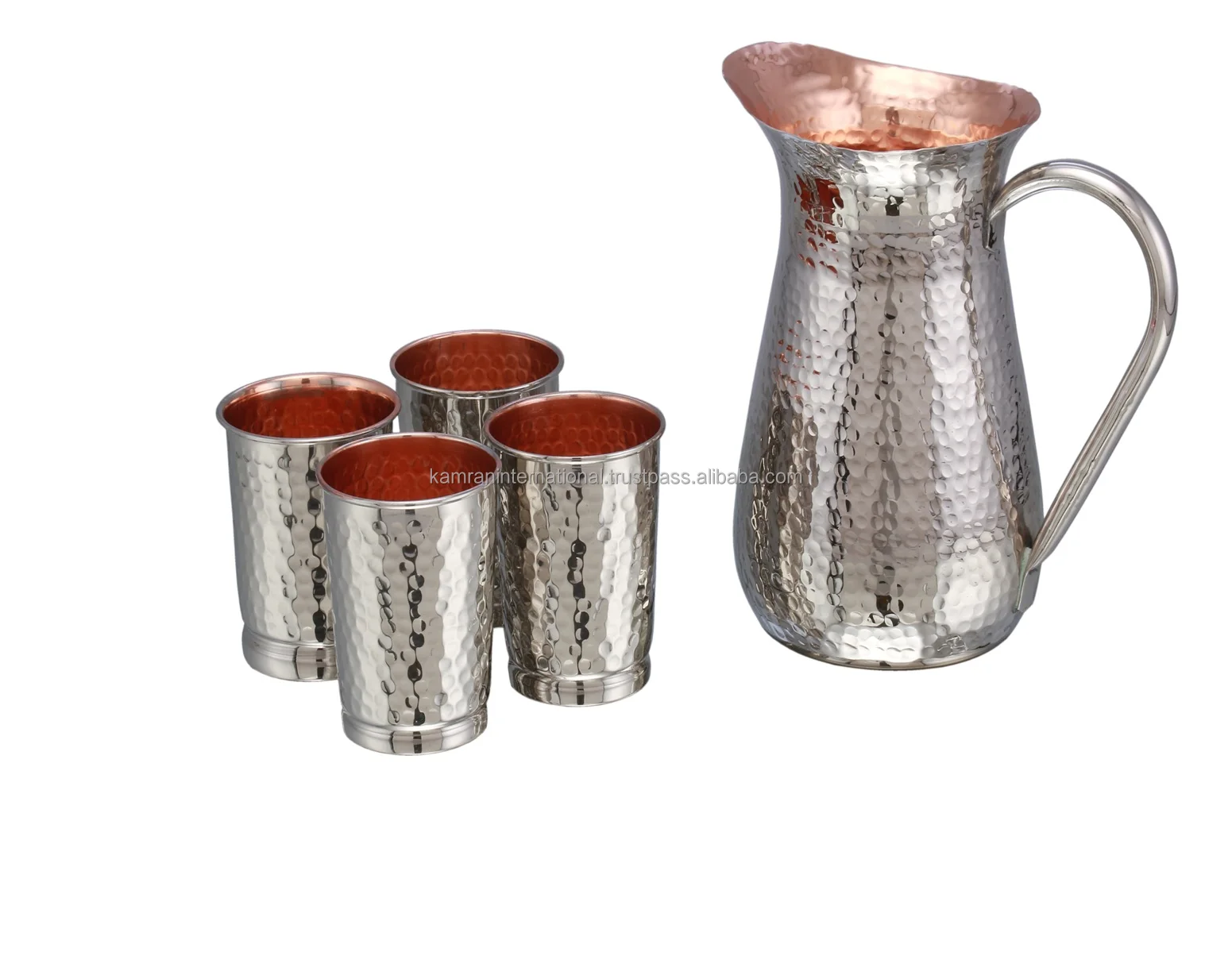 70 OZ Solid Copper Hammered Water Jug Drinking Pitcher with Tumblers & Glasses Kitchen Metal Water Jug & Utensils