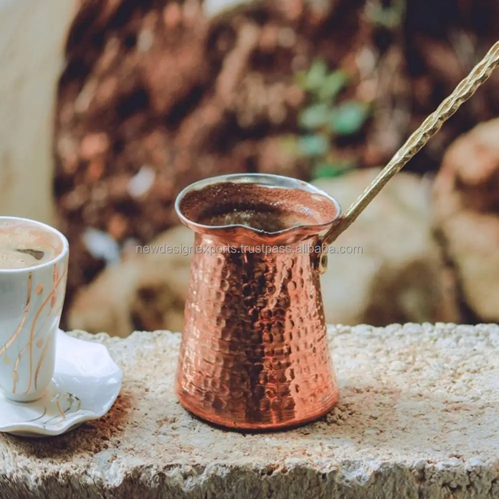 Handmade Turkish Coffee Maker, Greek Arabic Coffee Pot, Ottoman Hammered Copper Cezve with Brass Handle