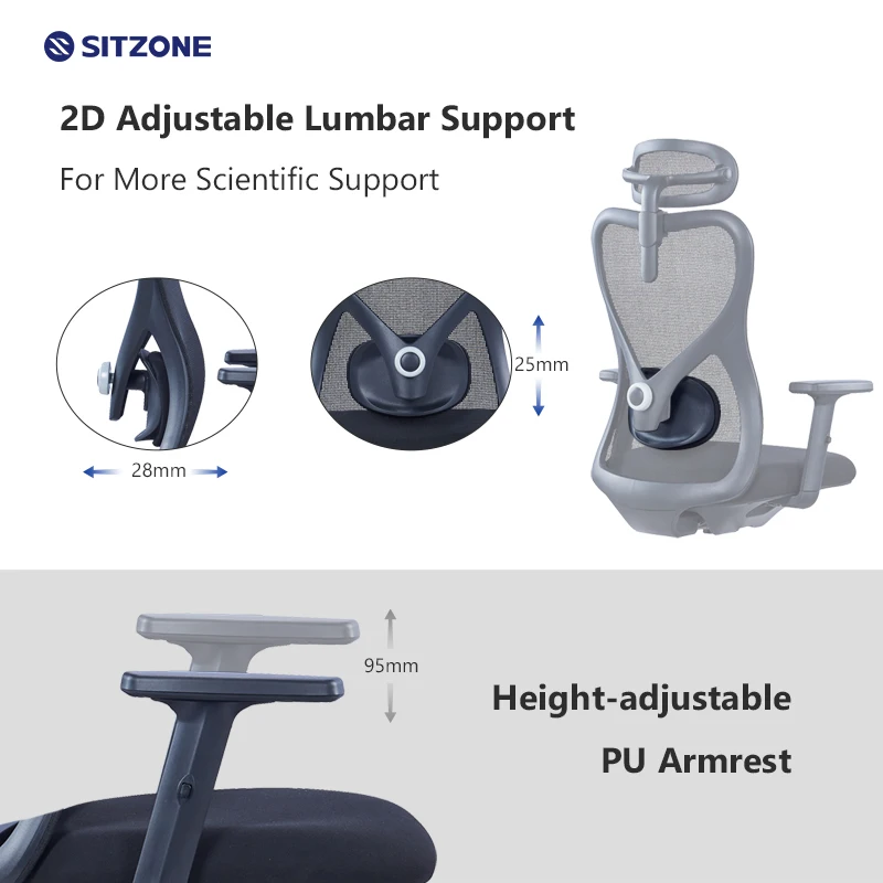 Sitzone Ergonomic Office Chair Adjustable Mesh Chair 2D Lumbar Support Work Executive Office Furniture Staff Chair