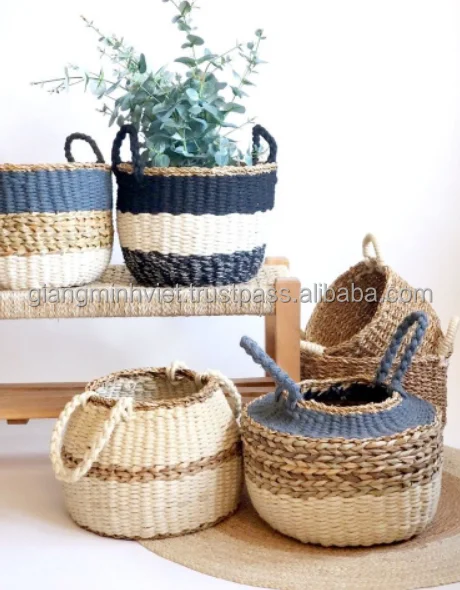 Wholesale price custom home decor round hand woven Jute seagrass cotton rope storage basket made in Vietnam