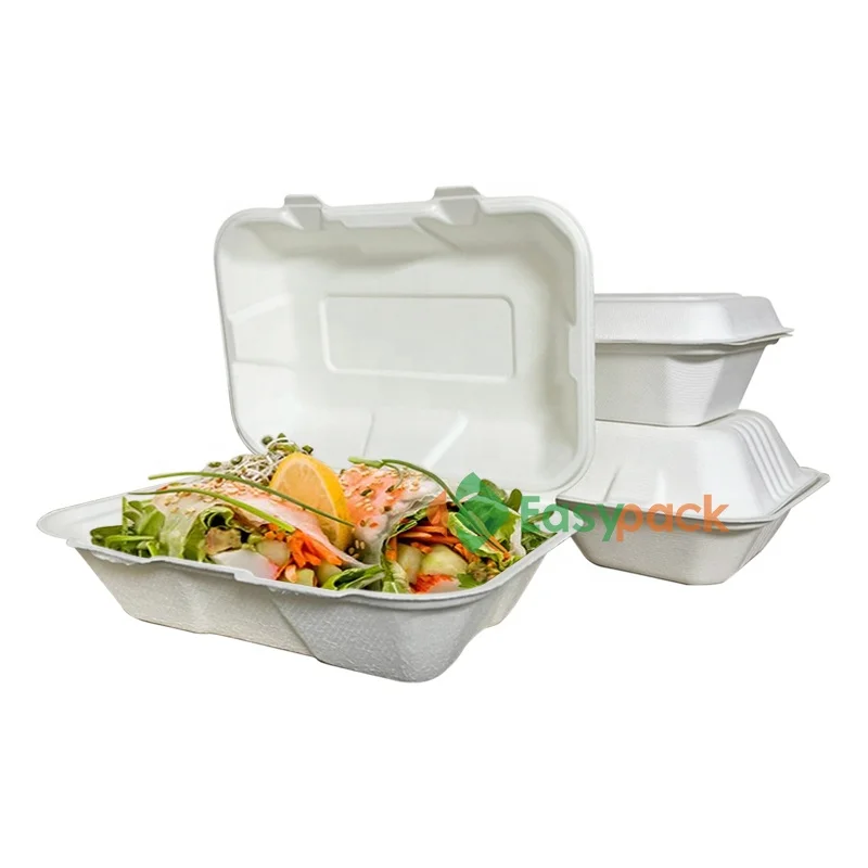 Disposable bleached food container bagasse lunch box biodegradable clamshell