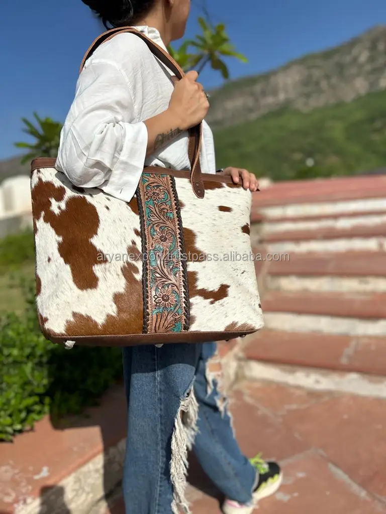 New Arrival Hand Tooled Carving Handbag Tote Bag Real Cowhide Fur Leather Bag Big Size Bags Great Collection Of Ladies Purse
