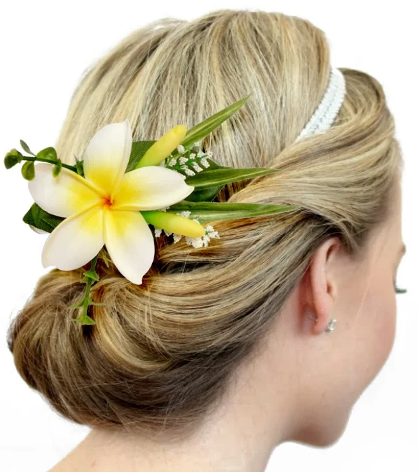 Hot selling Hawaiian premium Plumeria frangipani foam flower with fabric leaf hair clip for hair accessories