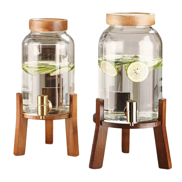 3L 4L Glass Beverage Dispenser With Wood Stand Juice Dispenser