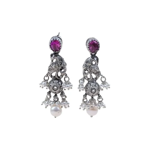 Delightful Oxidised Silver Women Peacock Design Ruby Stone Pearl Beads Embellished Dangler Earring as Daily Wear at Lowest Price