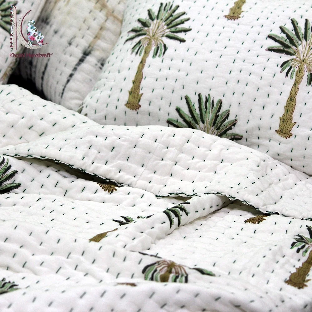 Зеленое одеяло kantha с пальмой оптовая продажа из 100% хлопка для королевской королевы
