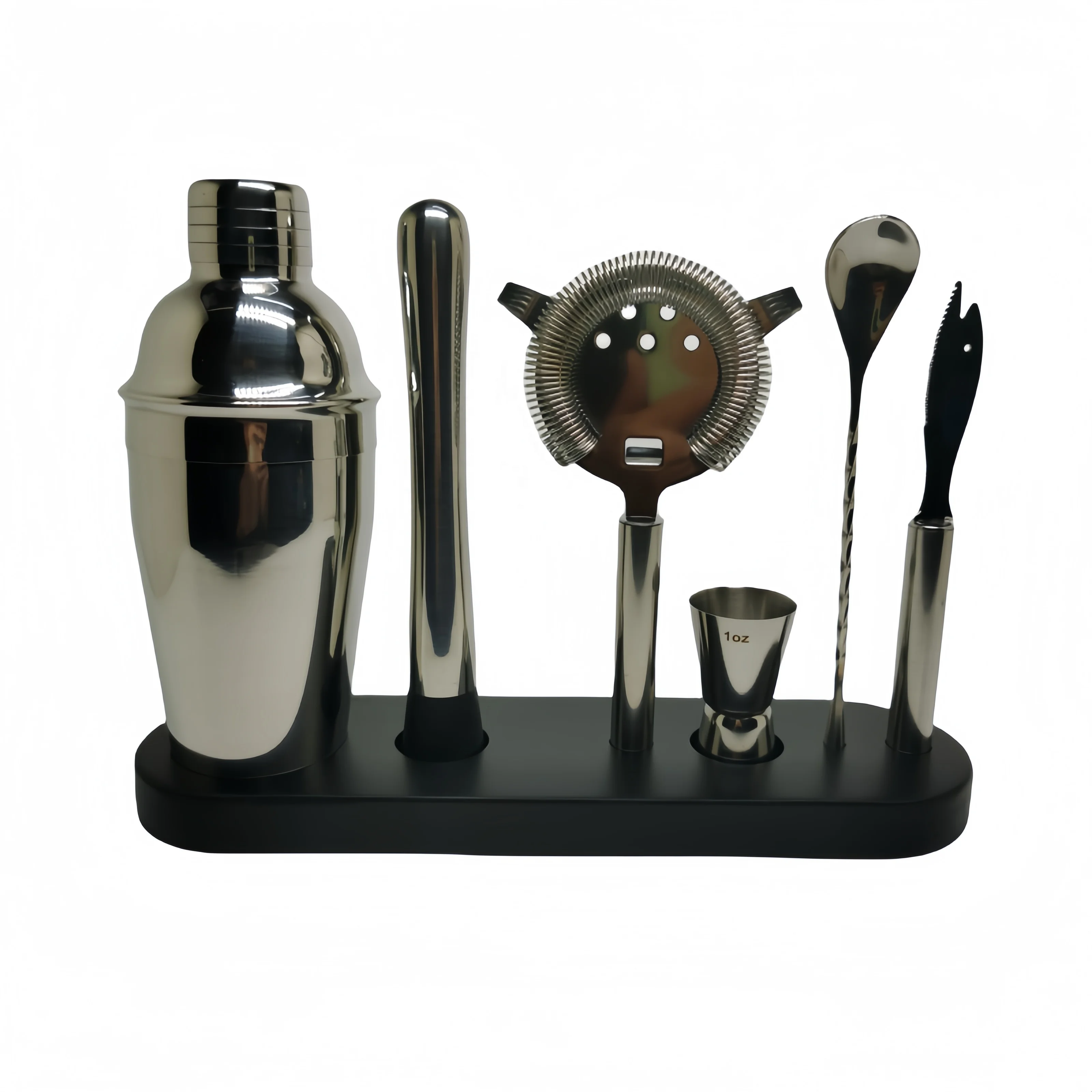 2024 Custom Logo Luxury Mixology Stainless Steel Bar Tools Set Cocktail Shaker Set with Bamboo Stand Boxed Wine Utensils