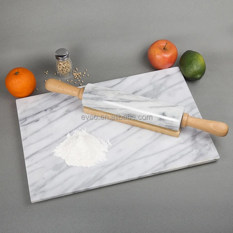 Natural White Marble Rolling Pin with Deluxe Wood Handles and Cradle