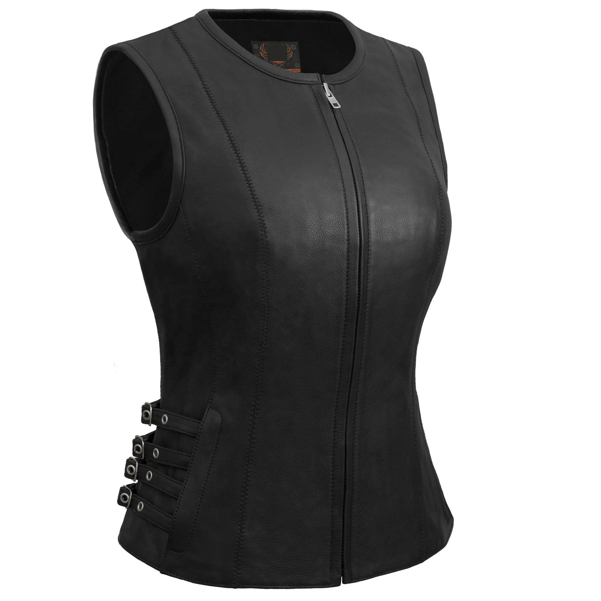 
OEM Custom True Element Womens Side Buckled Zip Front Motorcycle Collarless Club Vest with Quick Leather Motorbike Vest Club 