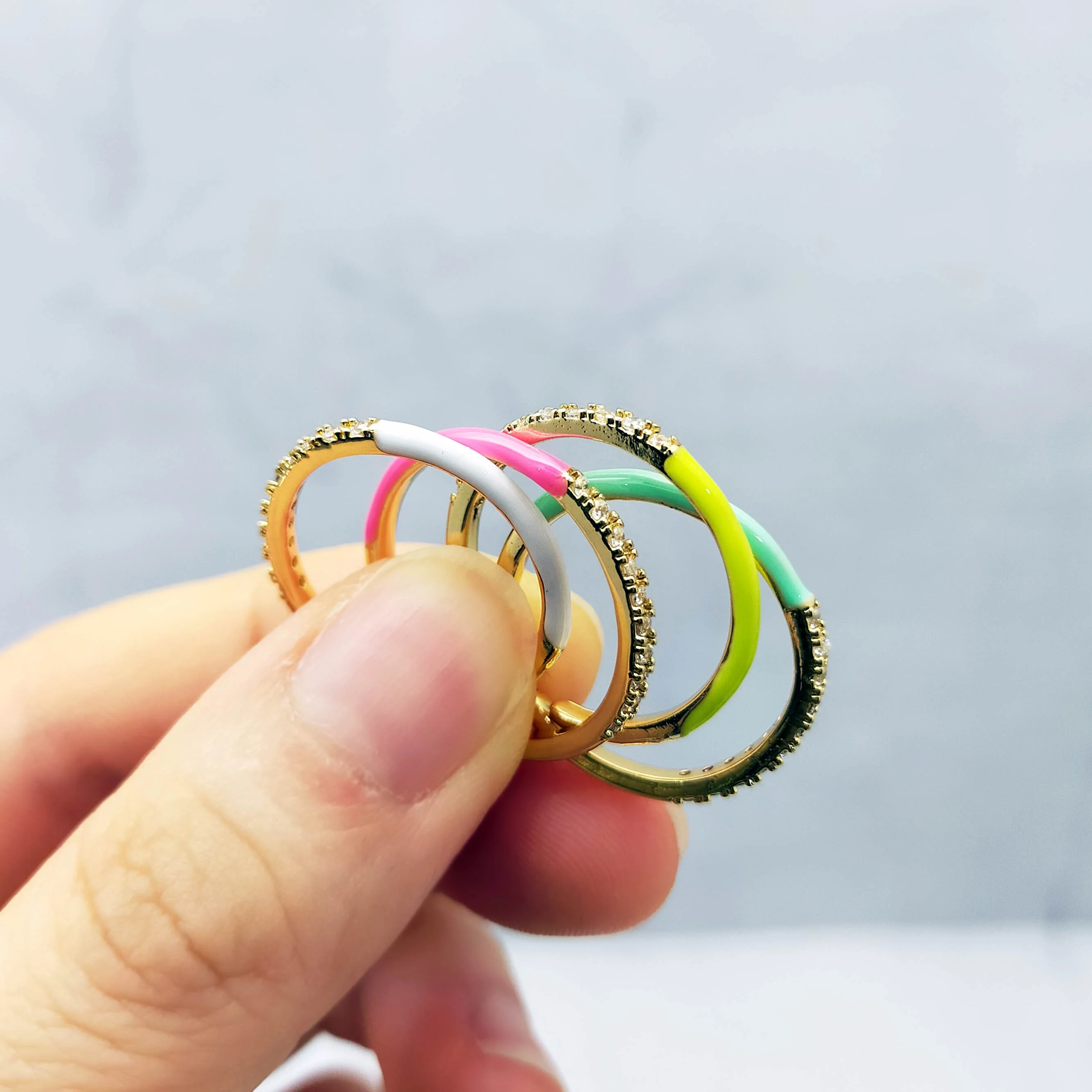 Vintage Neon Enamel Open Adjustment Rings Ladies Fluorescent Zircon Rings