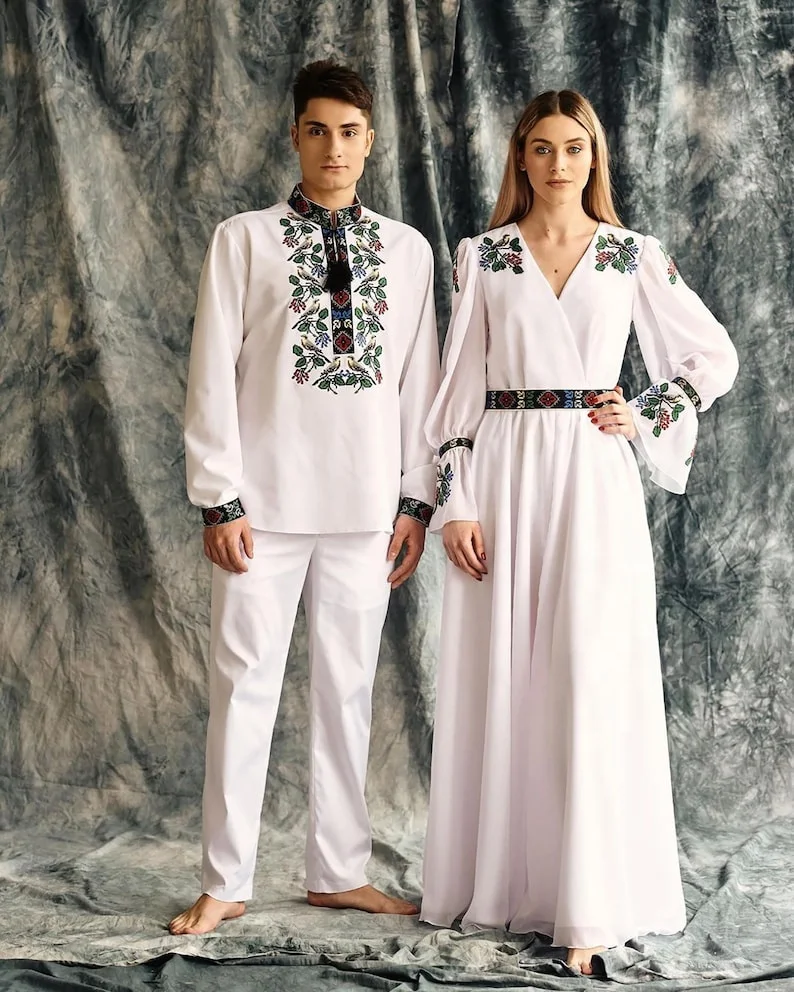 Stylish Ukraine White dress and shirt Ukrainian Clothing Green embroidered set of paired embroidery Ukrainian wedding clothes