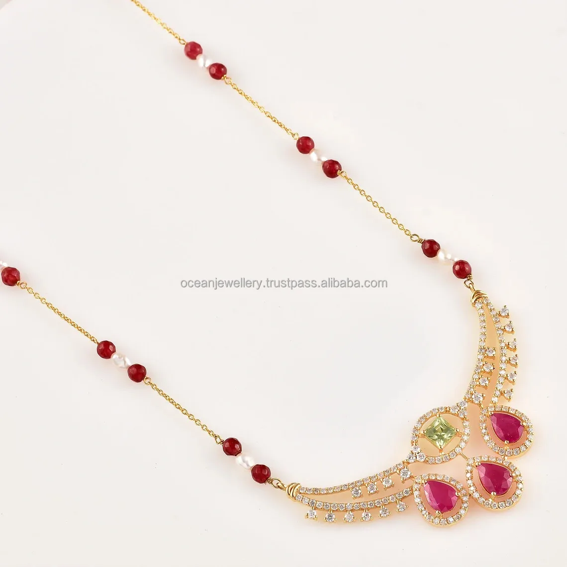 18k Gold Diamond Mangalsutra Pear Shaped Pink Tourmaline Tsavorite, Pearl Beads Multi Gemstone Chain With Pendant For Women