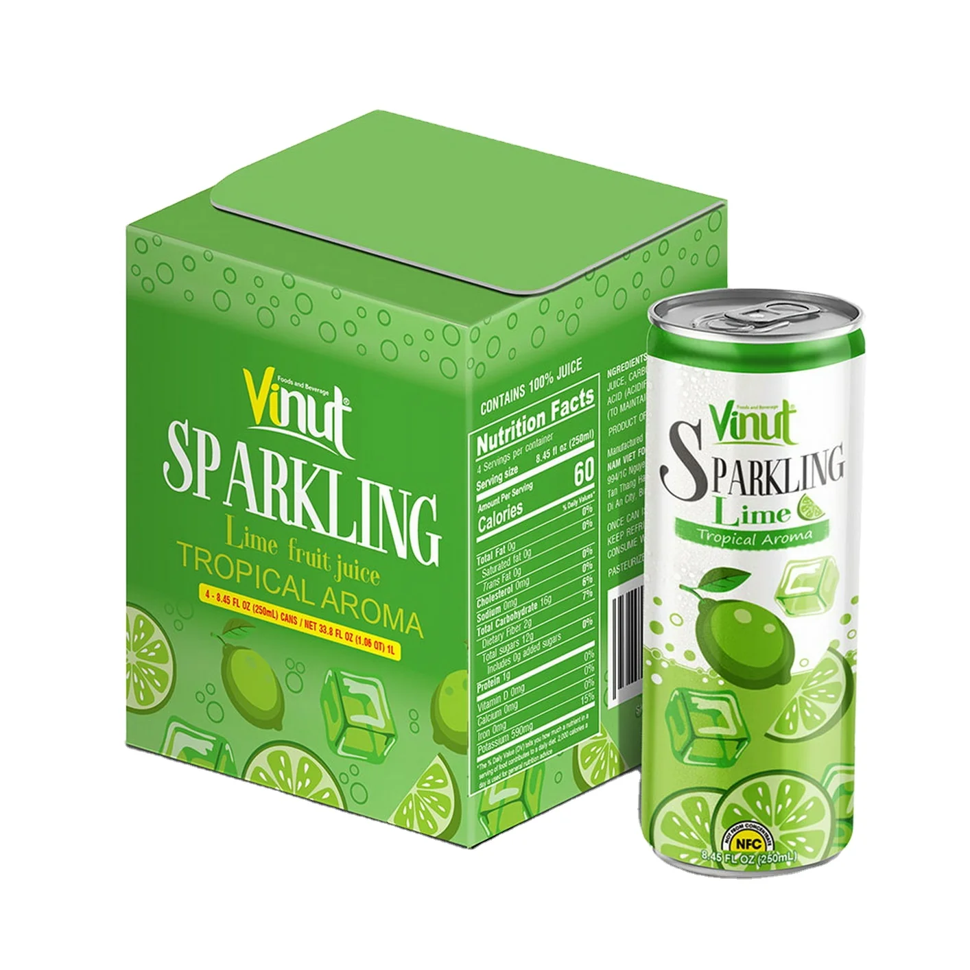 250ml Carbonated Drinks VINUT Can (Tinned) Tropical Lime Aroma Suppliers Directory Best OEM Service in Vietnam BRC
