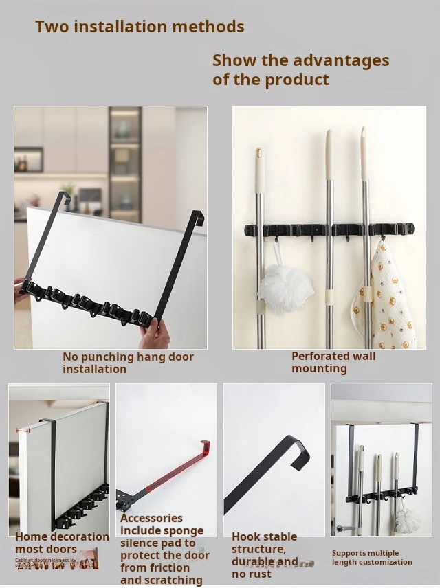 Stainless Steel Over The Door Broom Holder with Hook Broom Storage Tool Organizer for Laundry Matte Black Hanging Mop Holder