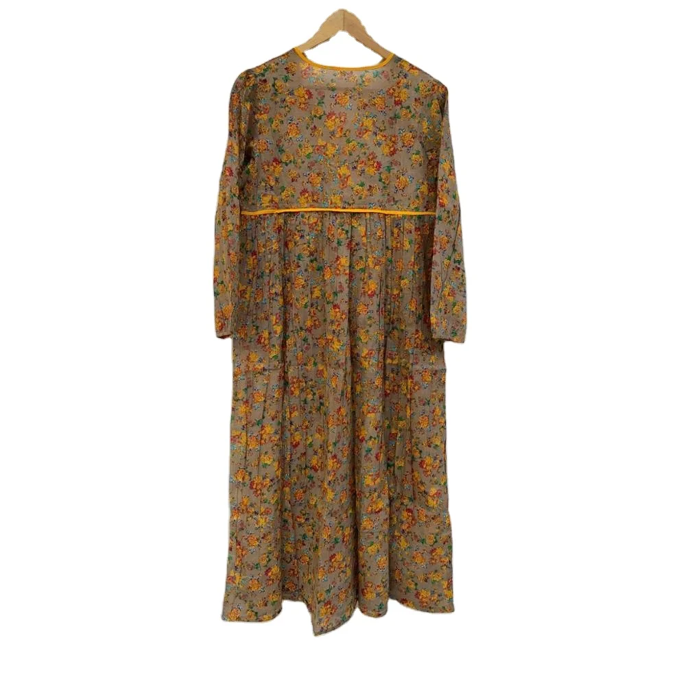 Champagne block floral print with peasant sleeve  v neck cotton long maxi dress - travel wear maxi dress