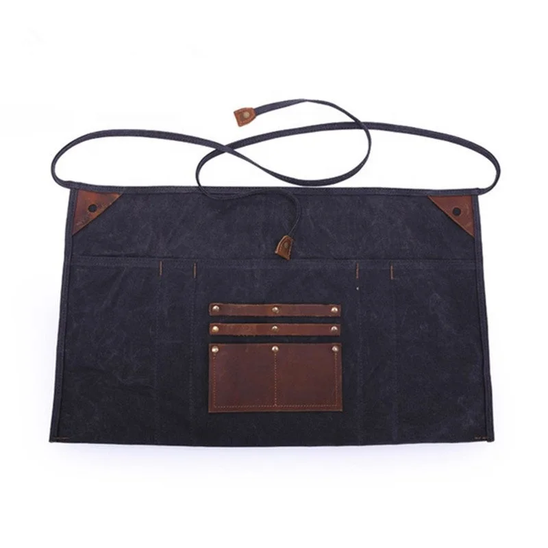 Professional Use Navy Blue Waxed Canvas Apron Half Waist With Leather Pocket Restaurant Chef Beauty Saloon