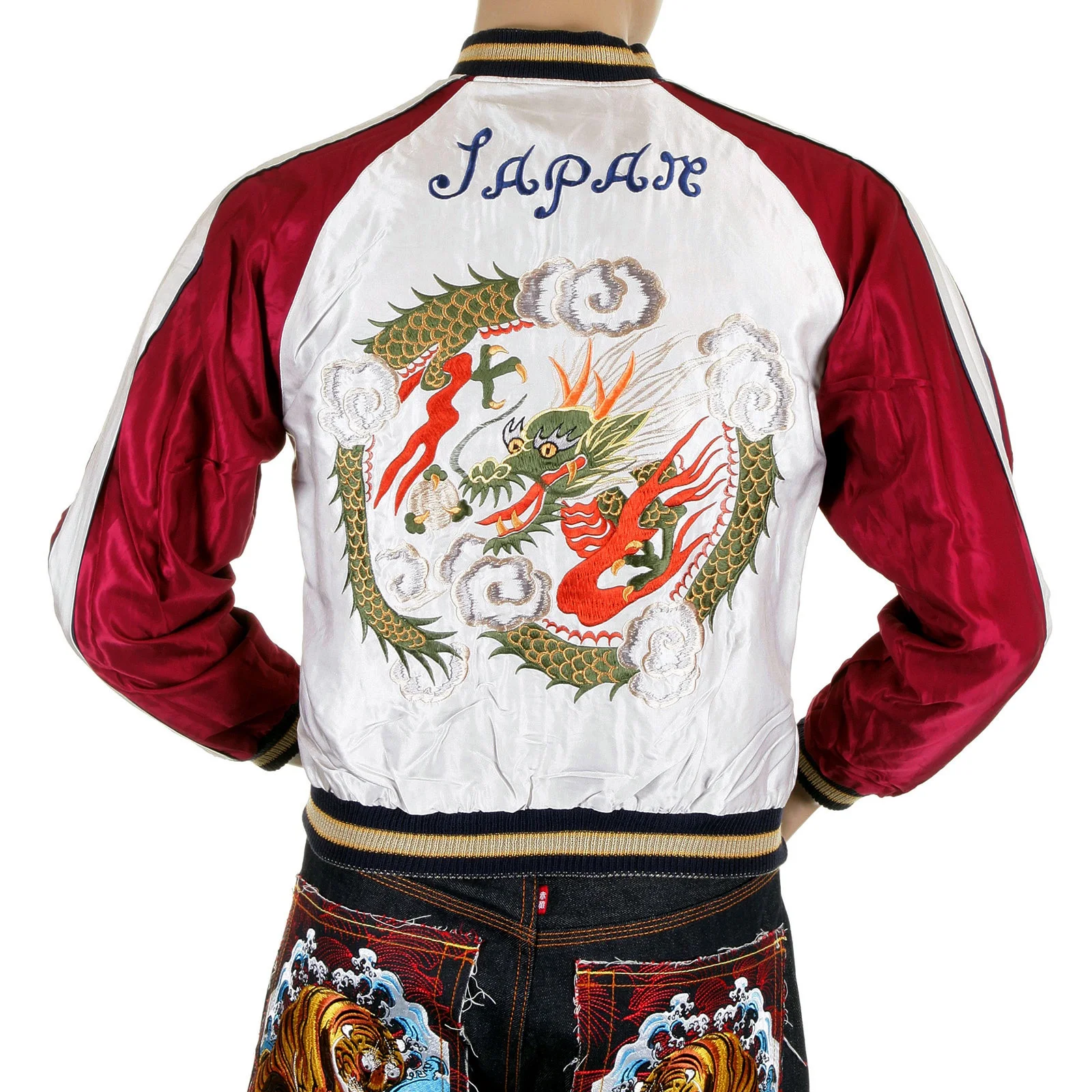 OEM Custom Varsity Silk Reversible Silver Souvenier Jacket with Hand Embroidered Dragon Bomber Jackets black body Plus Size