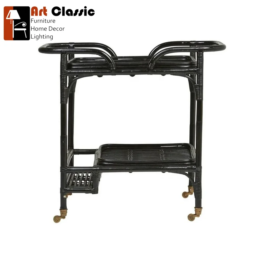 Sindoro Trolley Handmade Rattan Wicker Serving Moving Cart, Bar Table