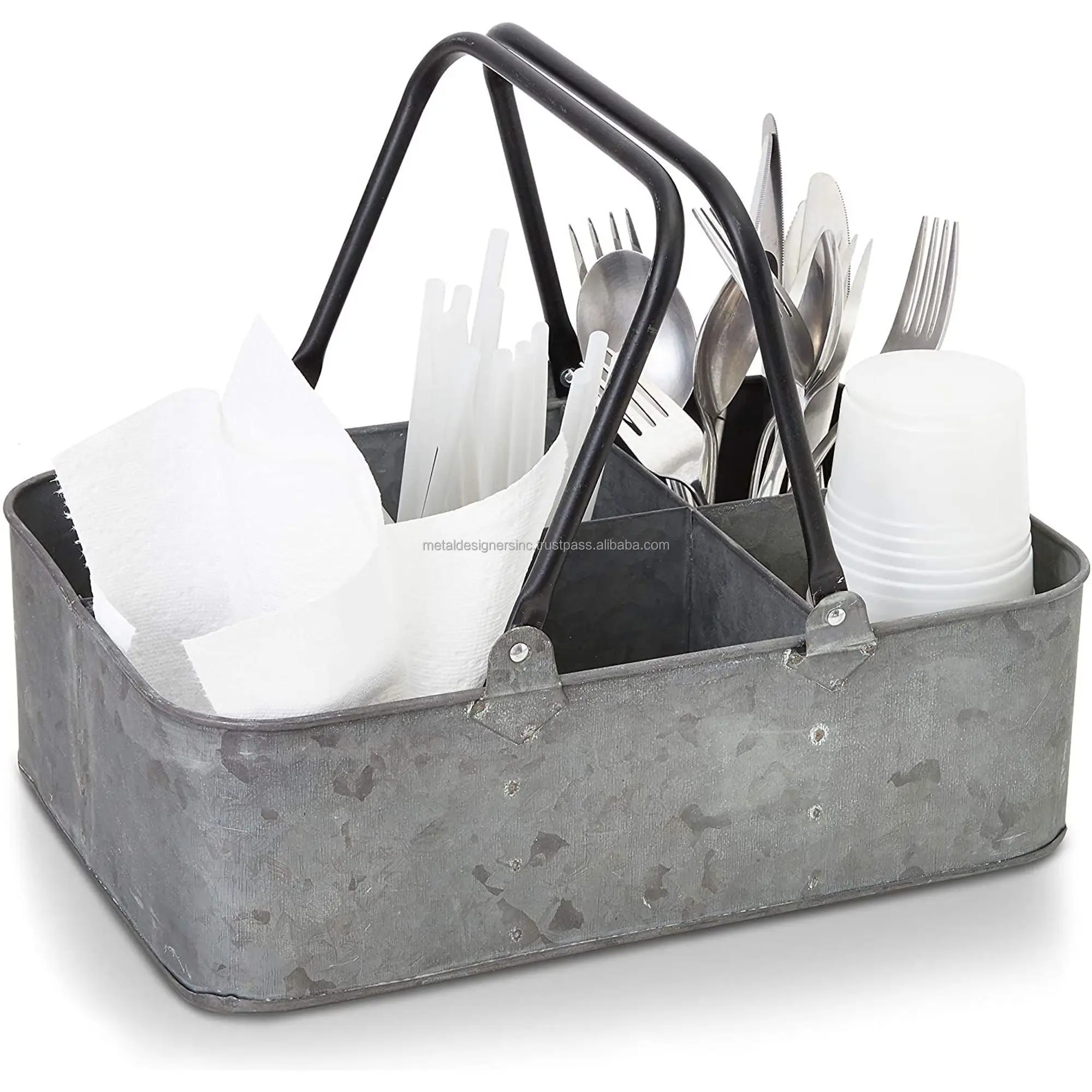 Galvanized six compartment kitchen utensil caddy metal holder with folding handle handles kitchen tools caddy and basket