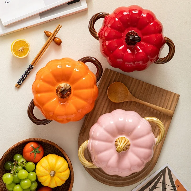 Modern Shaped Ceramic Bowl With Lid Creatively Ceramic White Pumpkins Shaped Dinnerware Bowls With Two Handles