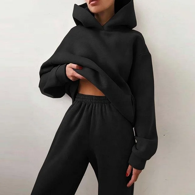 custom  fleeced sweat pant and hoodie jogging suit sets Winter solid plain women custom tracksuit  custom unisex sweatsuit set