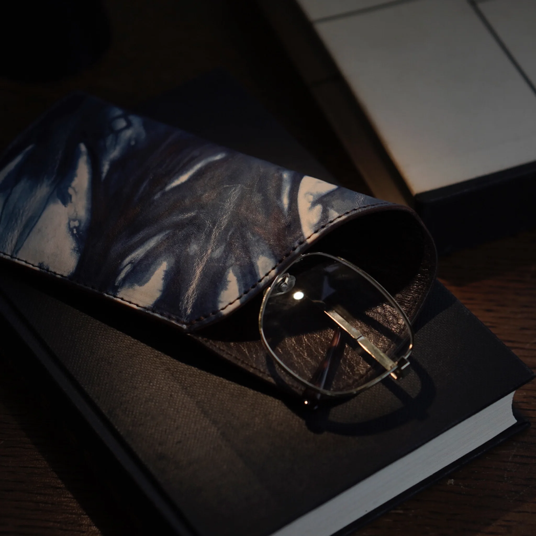 Handcrafted Indigo-Dyed Leather Eyeglass Case Denim-Textured, One-of-a-Kind Design with Traditional Japanese Dyeing