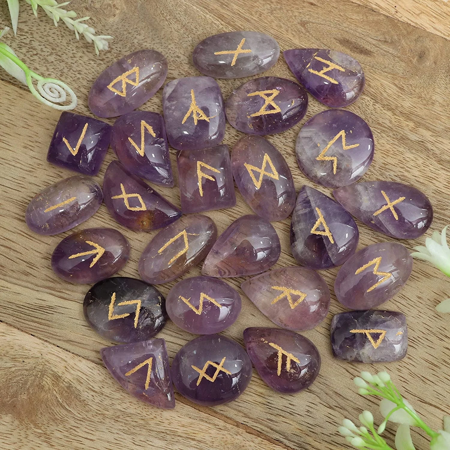 Drop Rune Stones Set Polished Witches Crystal with Engraved Elder Futhark Runic Alphabet for Pagan Lettering Viking Runes
