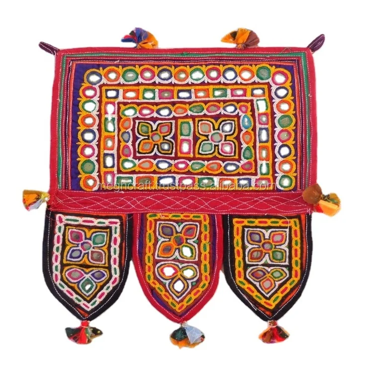 Gujarat Tribal embroidered Door hanging - Indian Traditional Kutch embroidered door hanging - Bohemian mirror work door decor