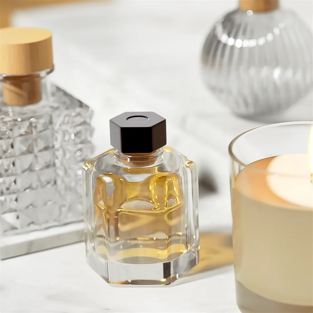 Custom Attar Bottles Ribbed Refillable Perfume Glass Spray Reed Oil Diffuser Bottle with Cork Stopper