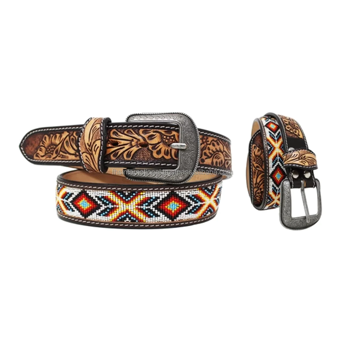 Best Design Premium Quality Genuine Leather Western Cowboy Belt With Hand Carved Beaded Design Leather Belt