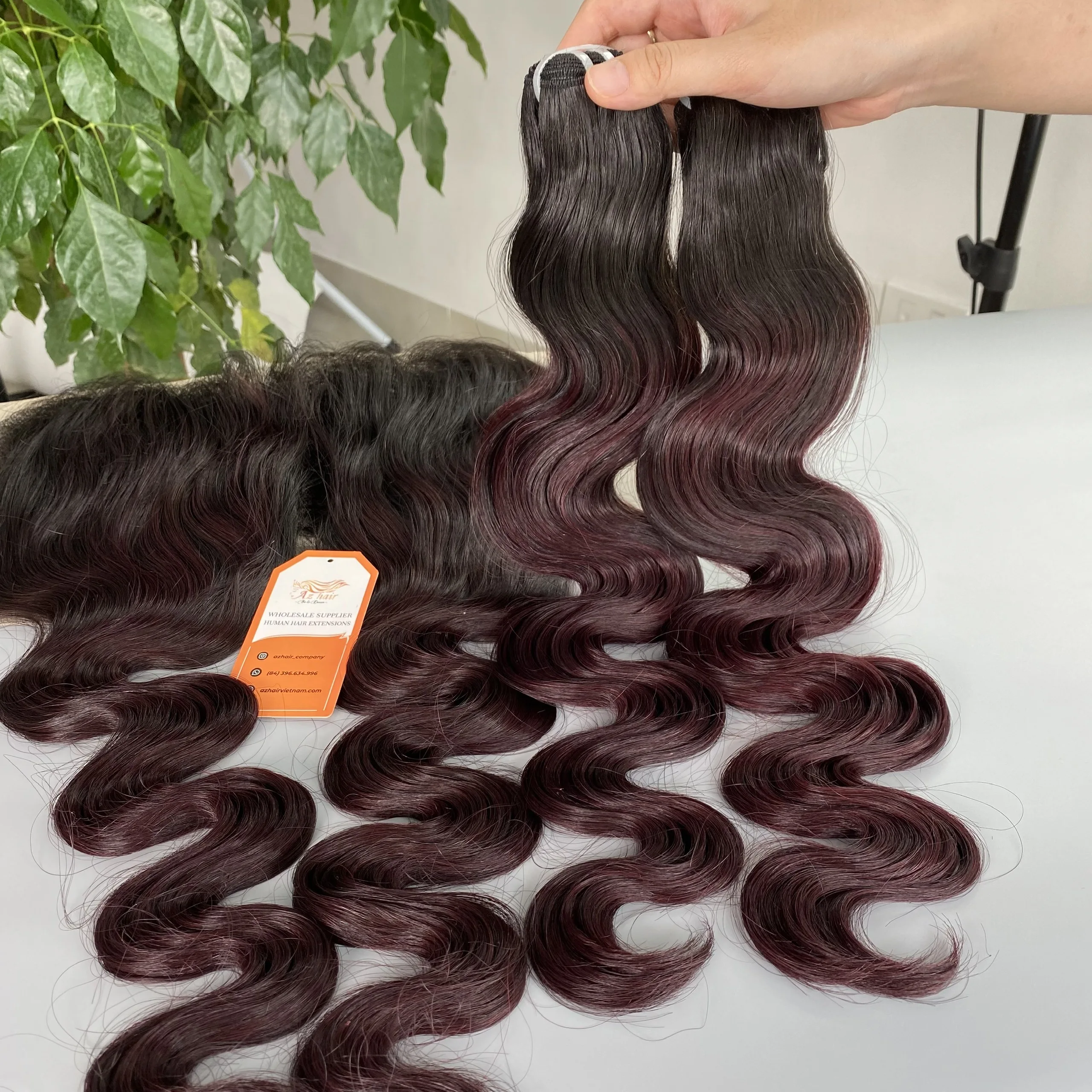 Body Wavy Full Cuticle Aligned Weft Hair Natural Black With Burgundy Tip Vietnamese Human Hair Extensions Length 8'-34'