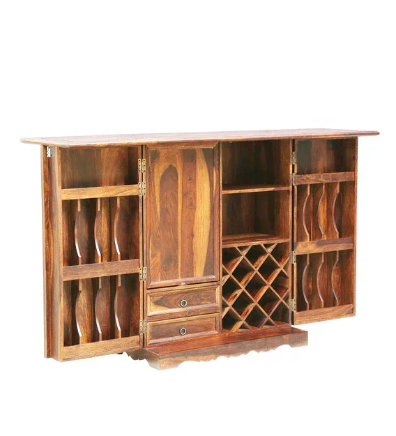 Industrial Vintage Bar Cabinet Indian Sheesham Wood High End Bar Cabinet Jodhpur Handcraft Wine Bottle Storage Racks Bar Cabinet