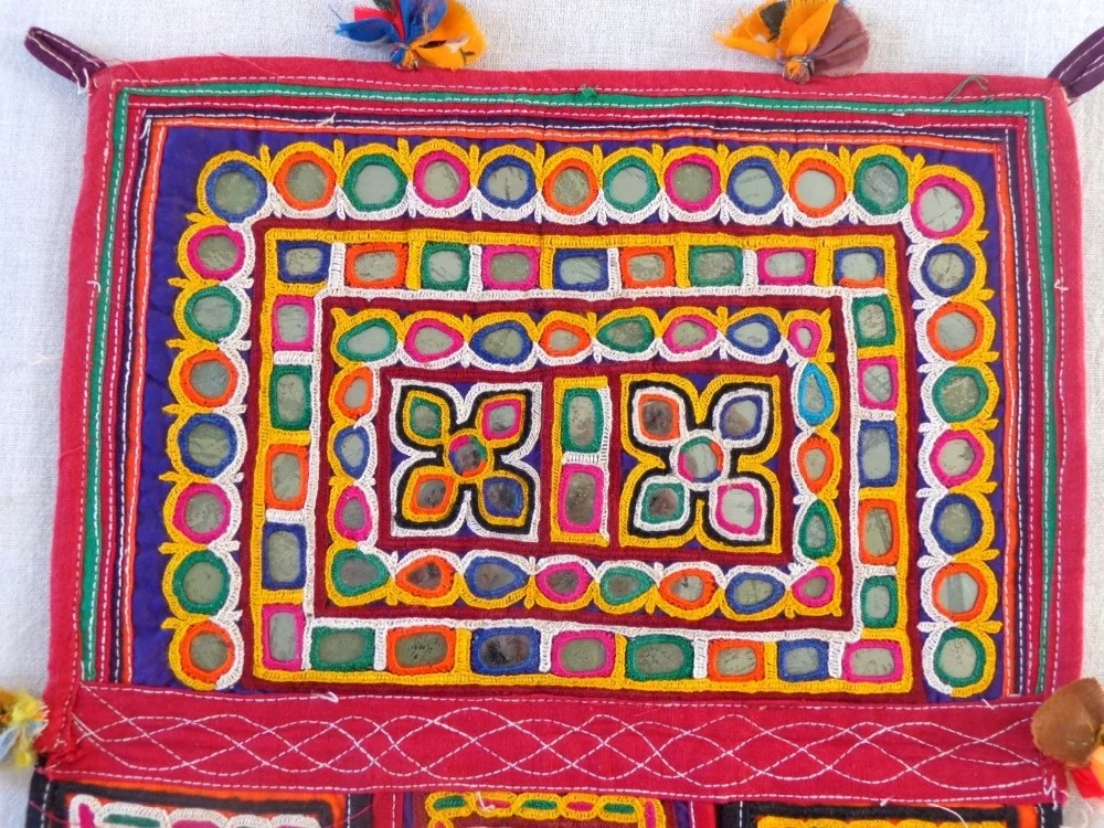Gujarat Tribal embroidered Door hanging - Indian Traditional Kutch embroidered door hanging - Bohemian mirror work door decor