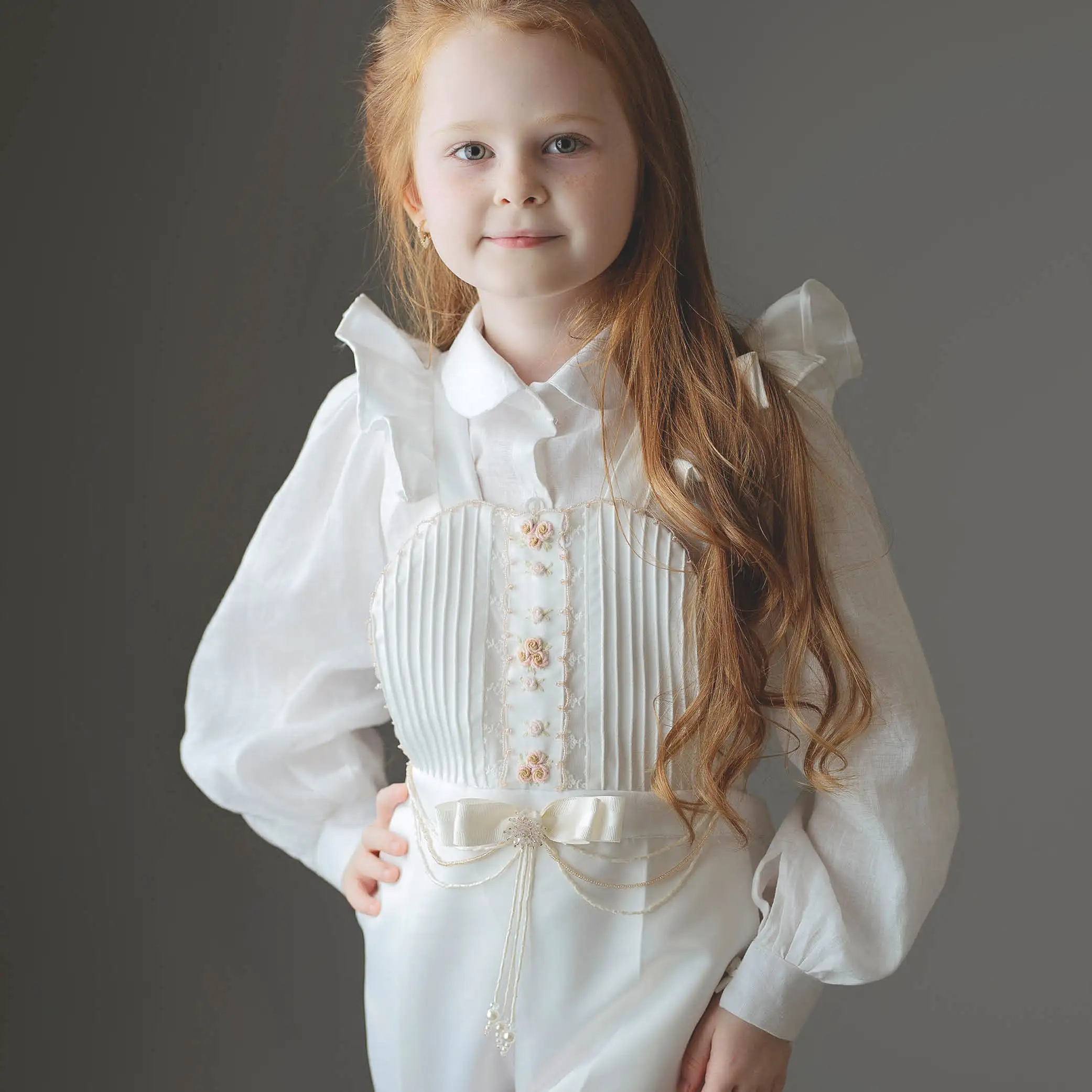 Royal Girl Clothing Set Kid Wear Beading Embroidery Cotton Fashion Long Shirt White Pants Girl Clothes Set 2 Pieces-Sophia Set