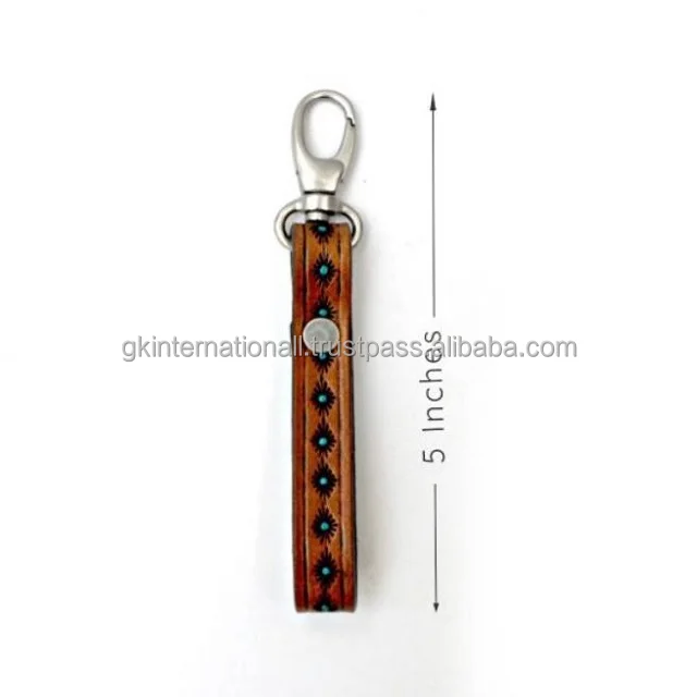 Custom design Tan leather key chain soft 2D hand tooled and engraved turquoise key ring with satin finish hardware