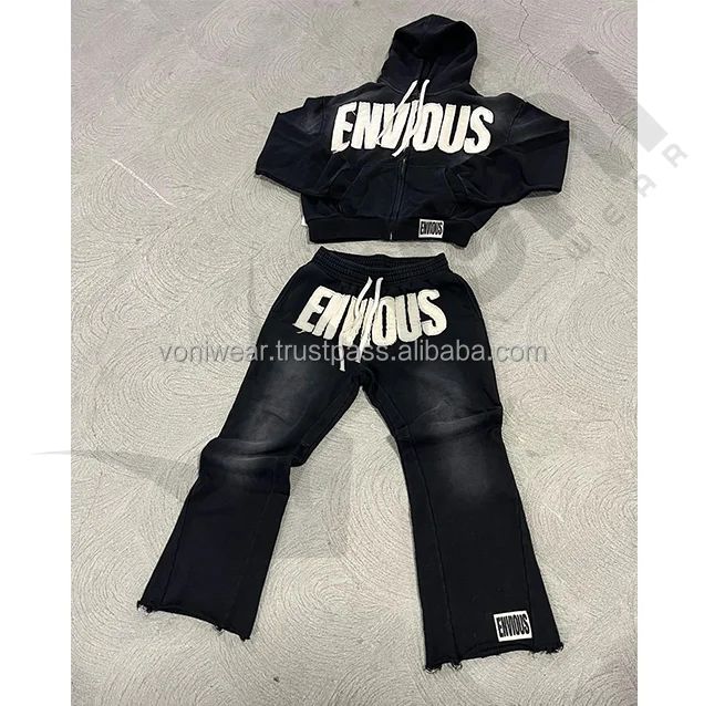 Streetwear Custom Acid Washed Vintage Tracksuit Men Streetwear Distressed Patchwork Hoodie And Sweatpants Set Sweatsuit