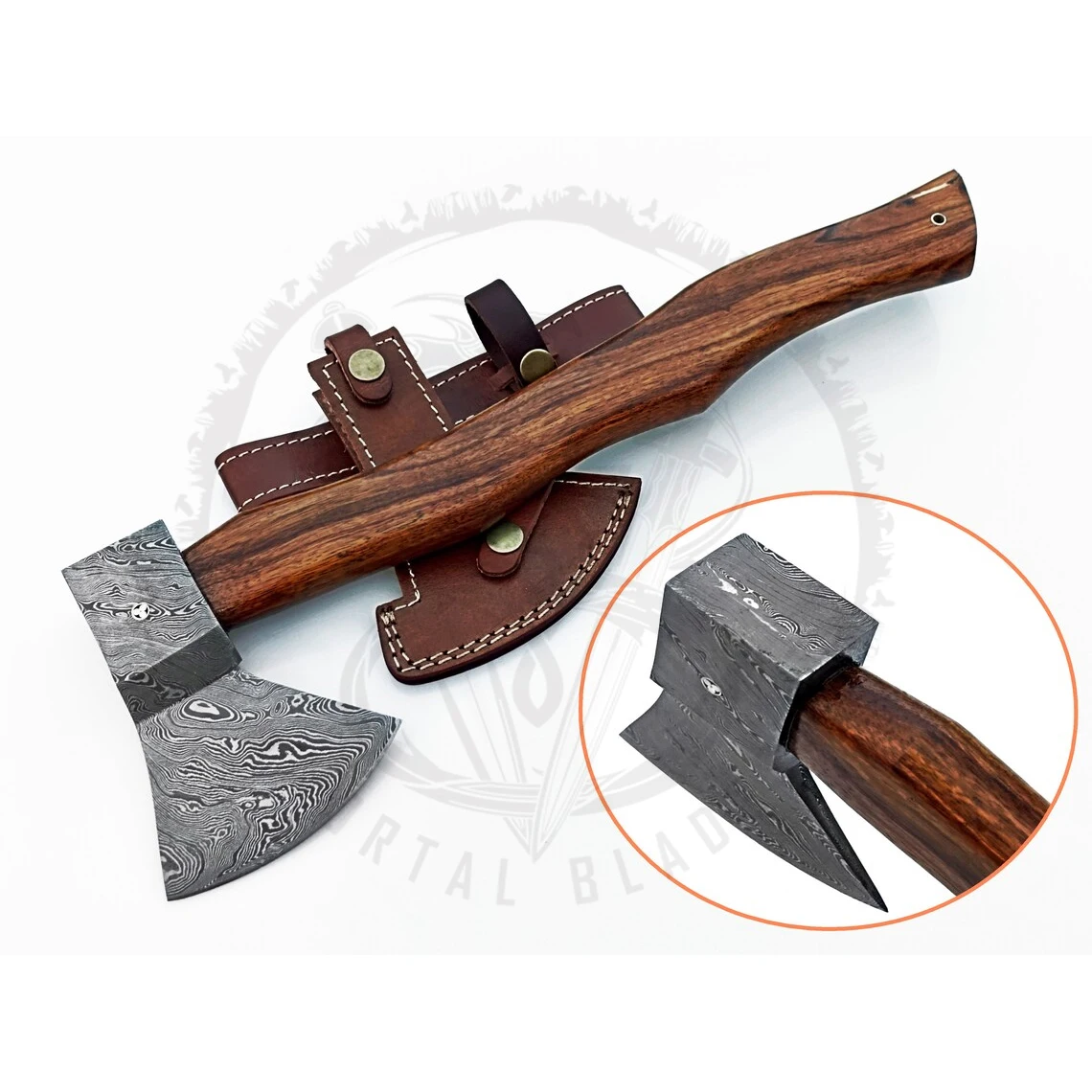 Damascus Steel Tomahawk Axe Viking Hunting Camping Axe Outdoor Axes with Rose Wood Handle And Leather Sheath