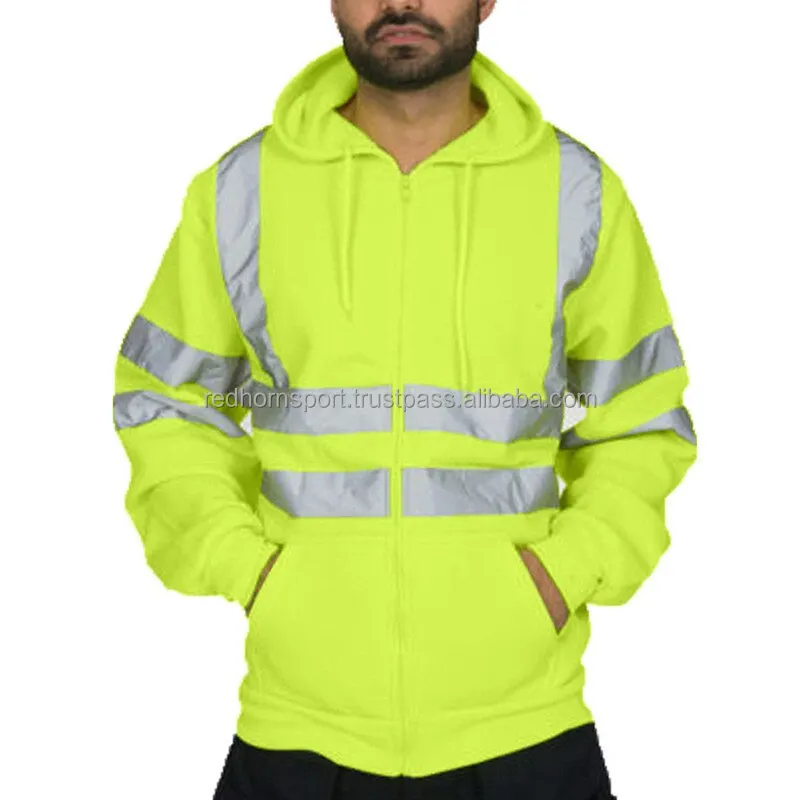 OEM High Visibility Jacket Customized Orange Lined Fleece Sweatshirts Men Work Reflective Safety Hoodie Zippered